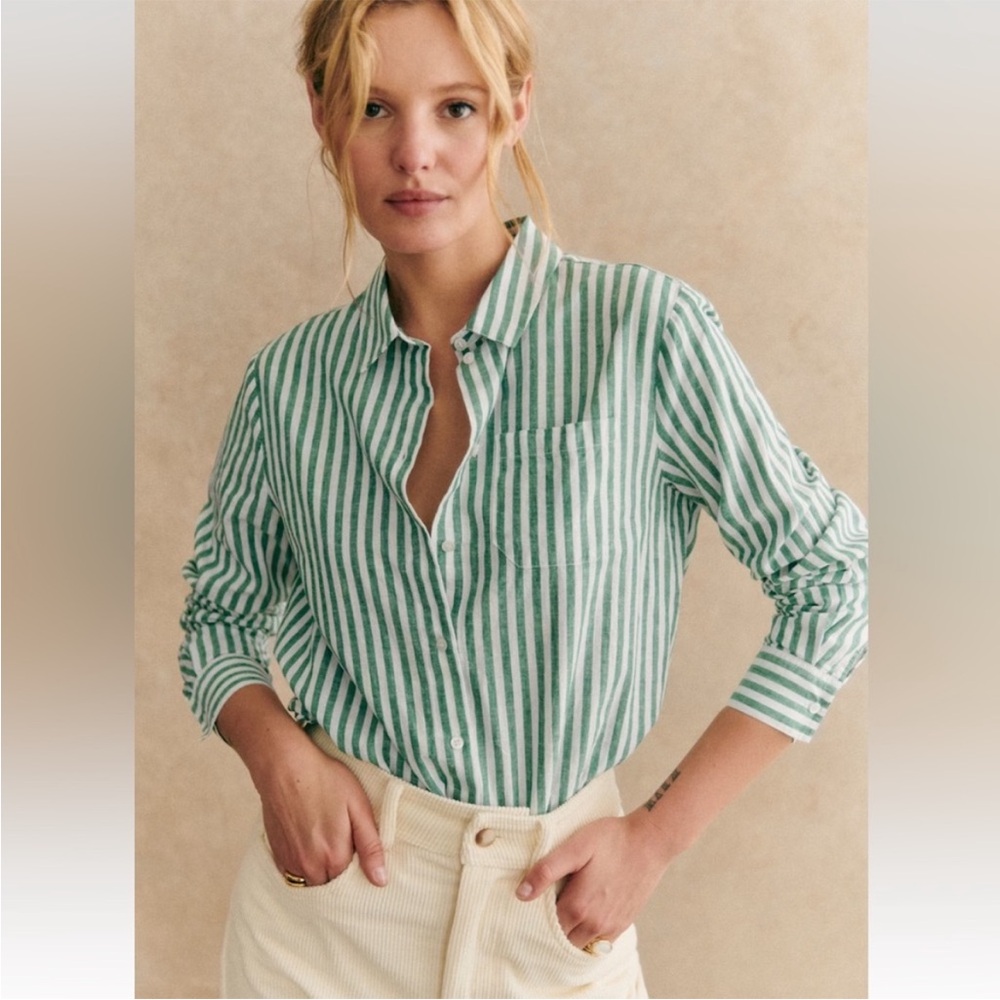 Sezanne Striped Button-Up Shirt in Green and White